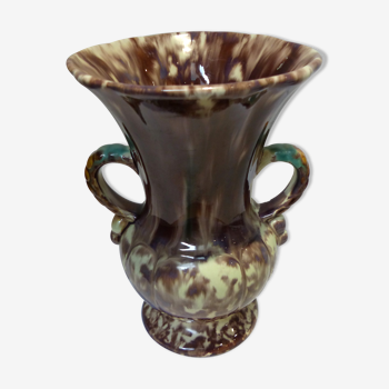 Vase ancien vintage céramique brun marbré blanc