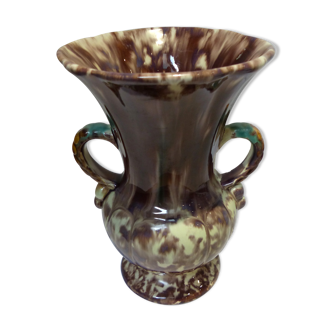 Vintage antique ceramic vase marbled brown white