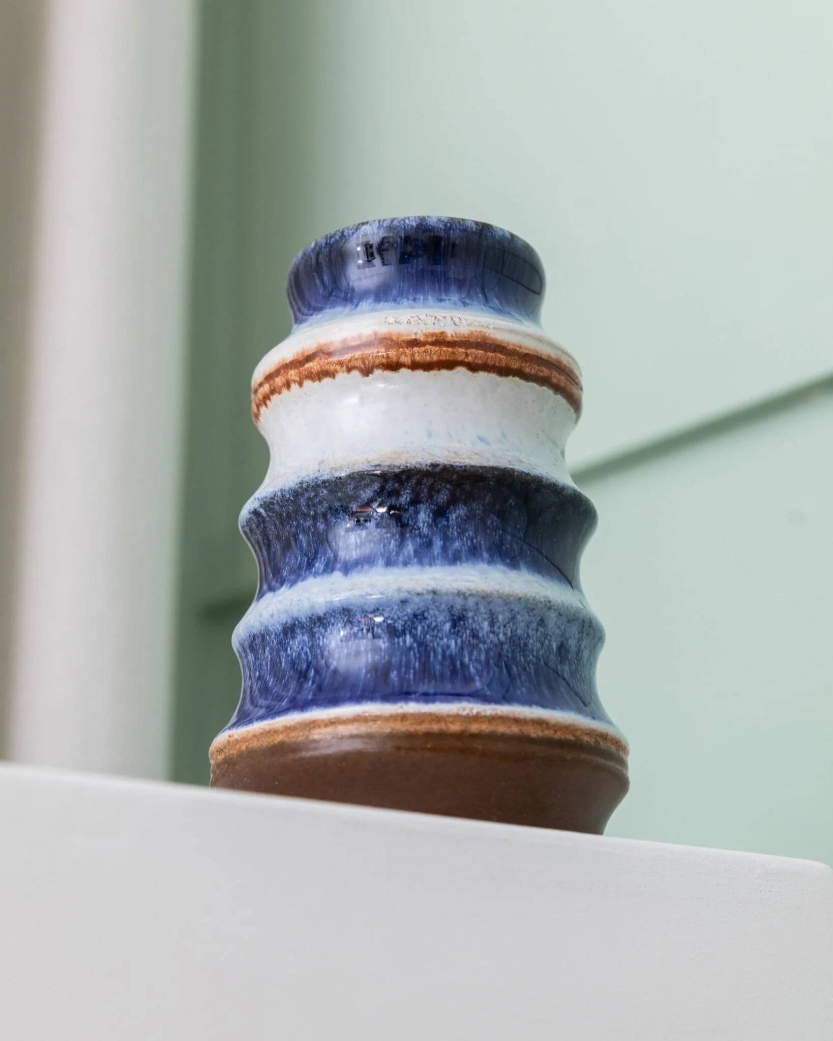 Blue and White Striped Ceramic Vase by Strehla – German Mid-Century, 1960s