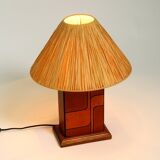 Italian 60s table lamp made of wood and leather with paper straw lampshade