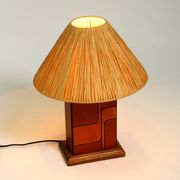 Italian 60s table lamp made of wood and leather with paper straw lampshade