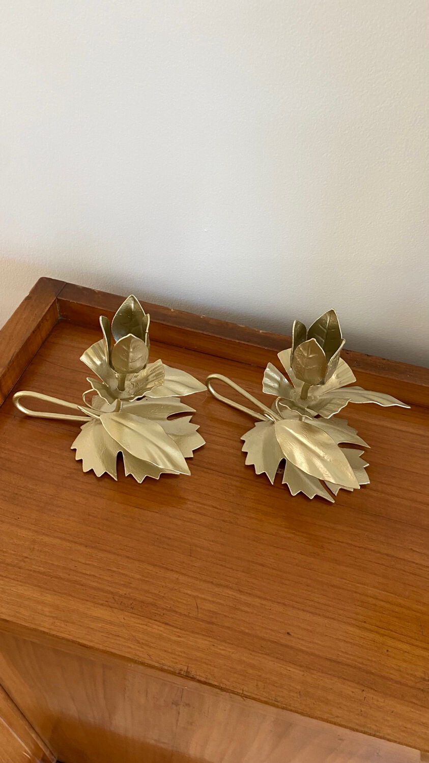 Pair of vintage flower candle holders in gold painted metal