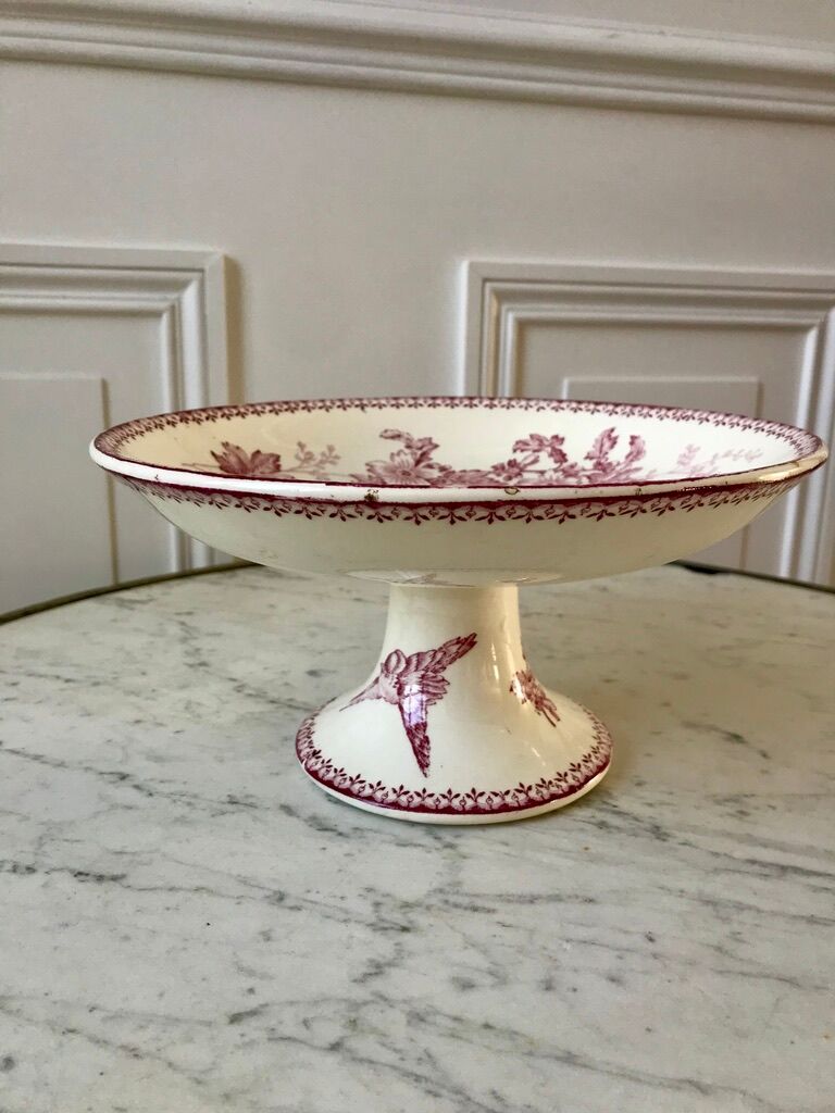 Compotier high in Terre de Fer Longwy model "Mésange" pink 1880 - XIXth