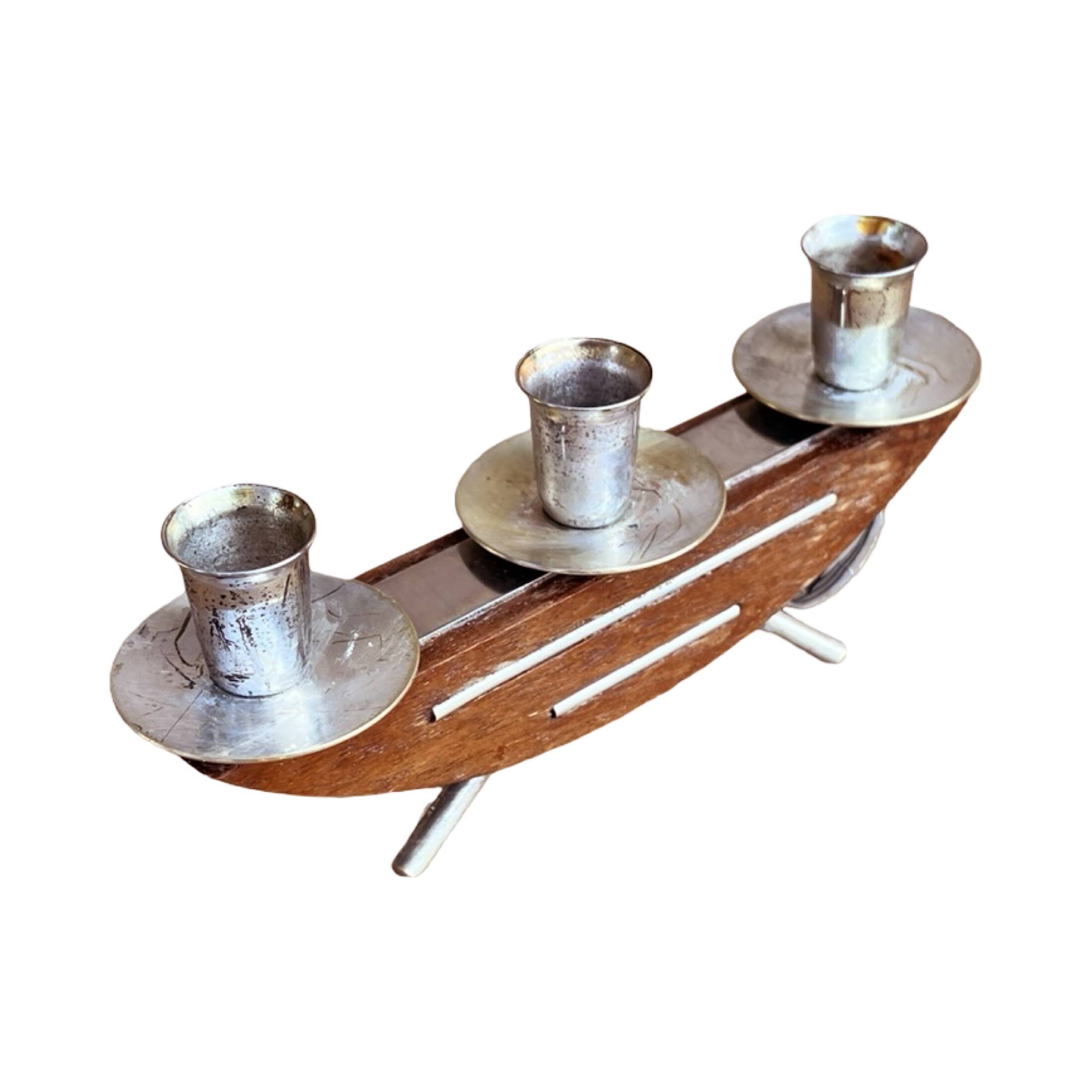 Stylish mid‑century modern candlestick JRUS‑Metall wood+metal German 1960