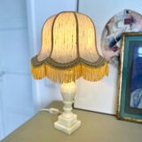 Vintage alabaster lamp base with fringed pagoda shade