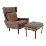 1970 Svend Skipper High Back Armchair and Stool in Brown Leather, Denmark