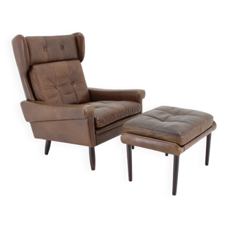 1970 Svend Skipper High Back Armchair and Stool in Brown Leather, Denmark