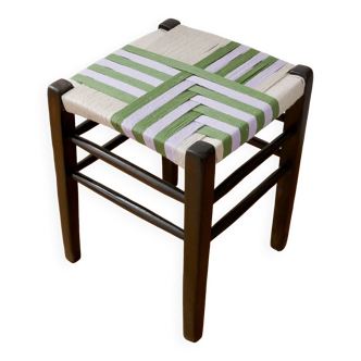 Wooden stool. vintage stool. woven stool