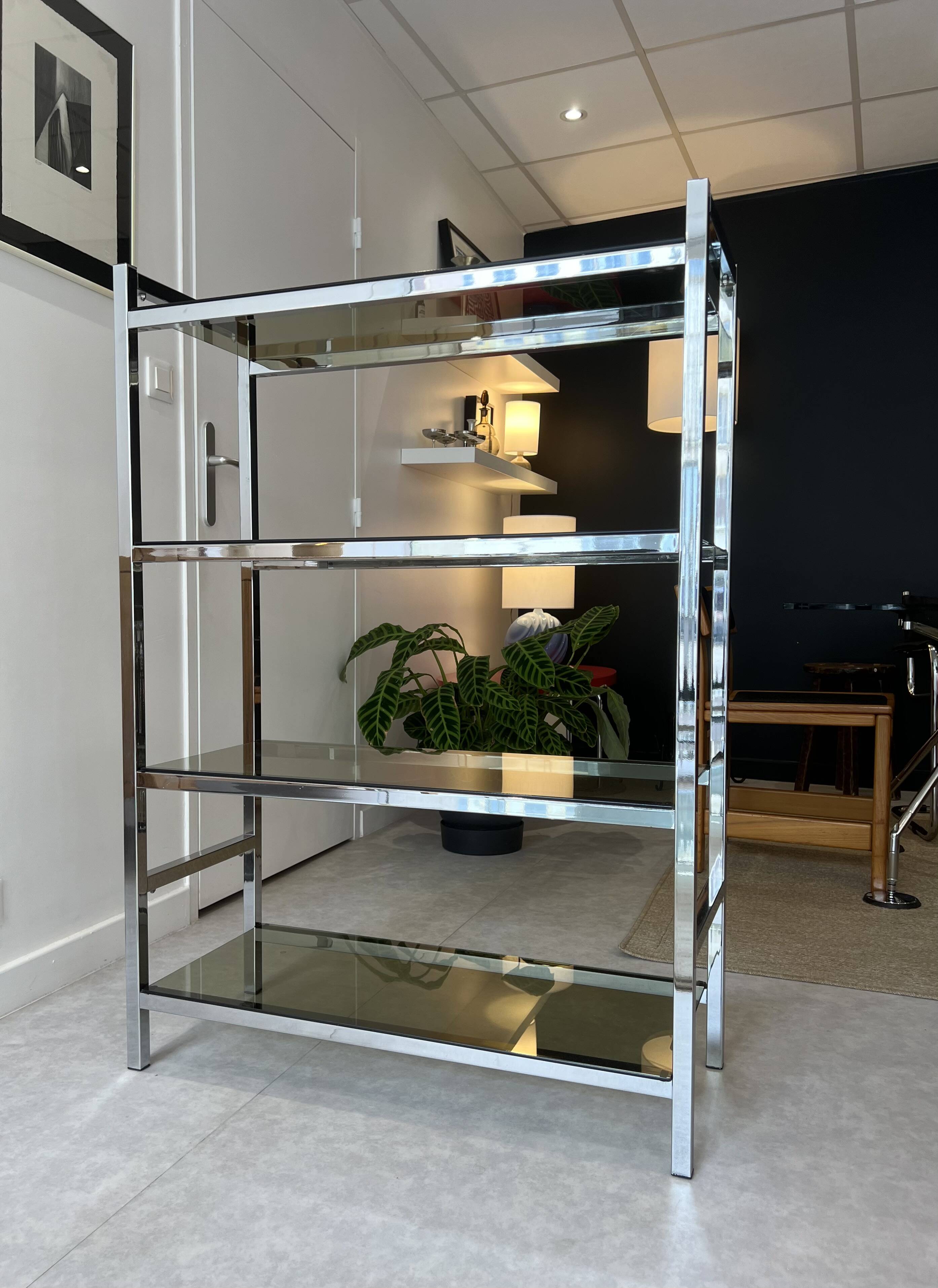 Chrome and smoked glass bookcase/shelf, circa 1970