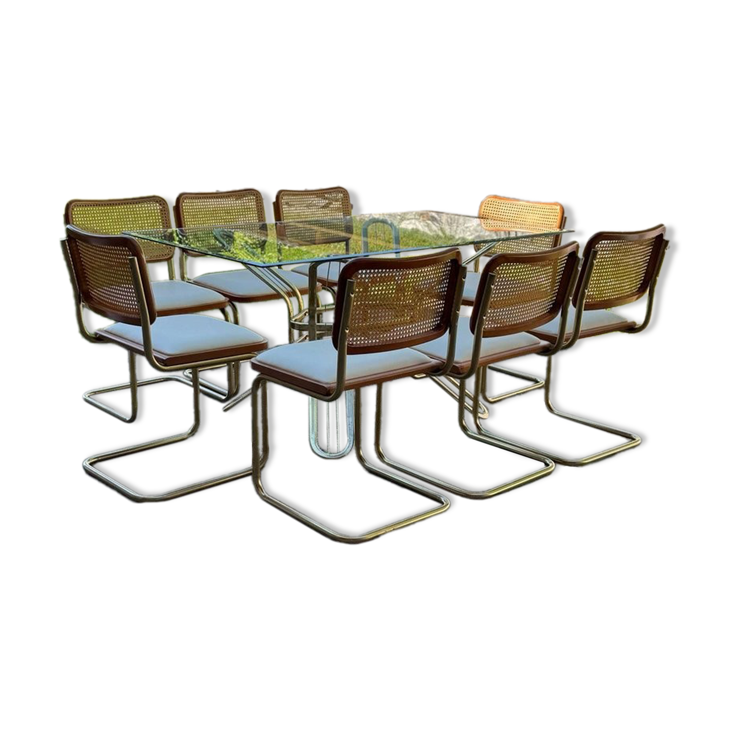 Italian brass dining set with table and chairs, 1970s, set of 9