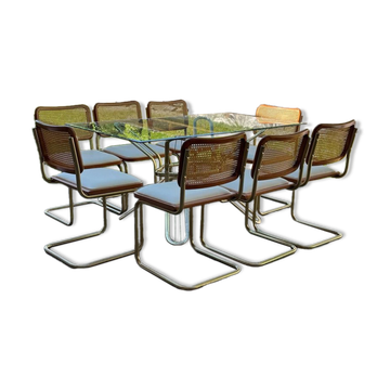 Italian brass dining set with table and chairs, 1970s, set of 9