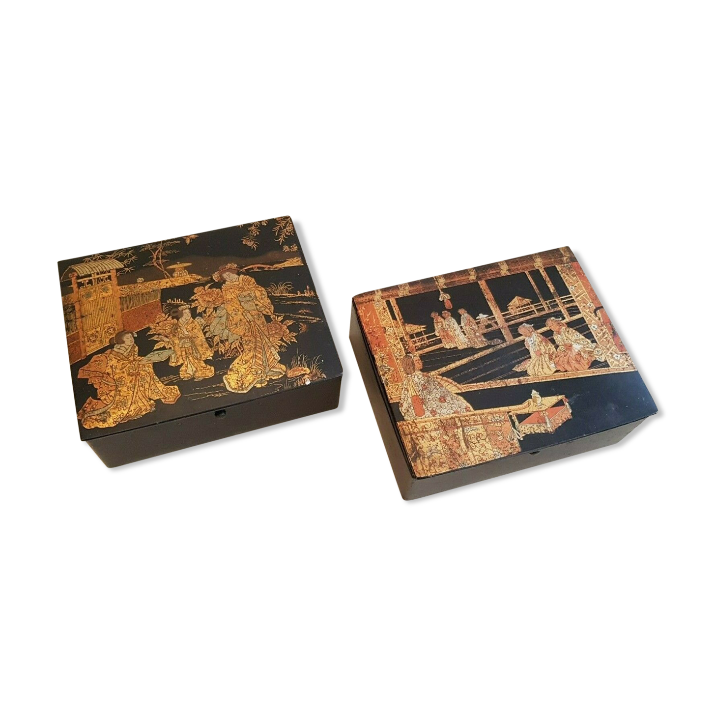 Pair of papier-mâché mailboxes & lacquer Japanese chinese decoration XIXth