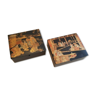 Pair of papier-mâché mailboxes & lacquer Japanese chinese decoration XIXth