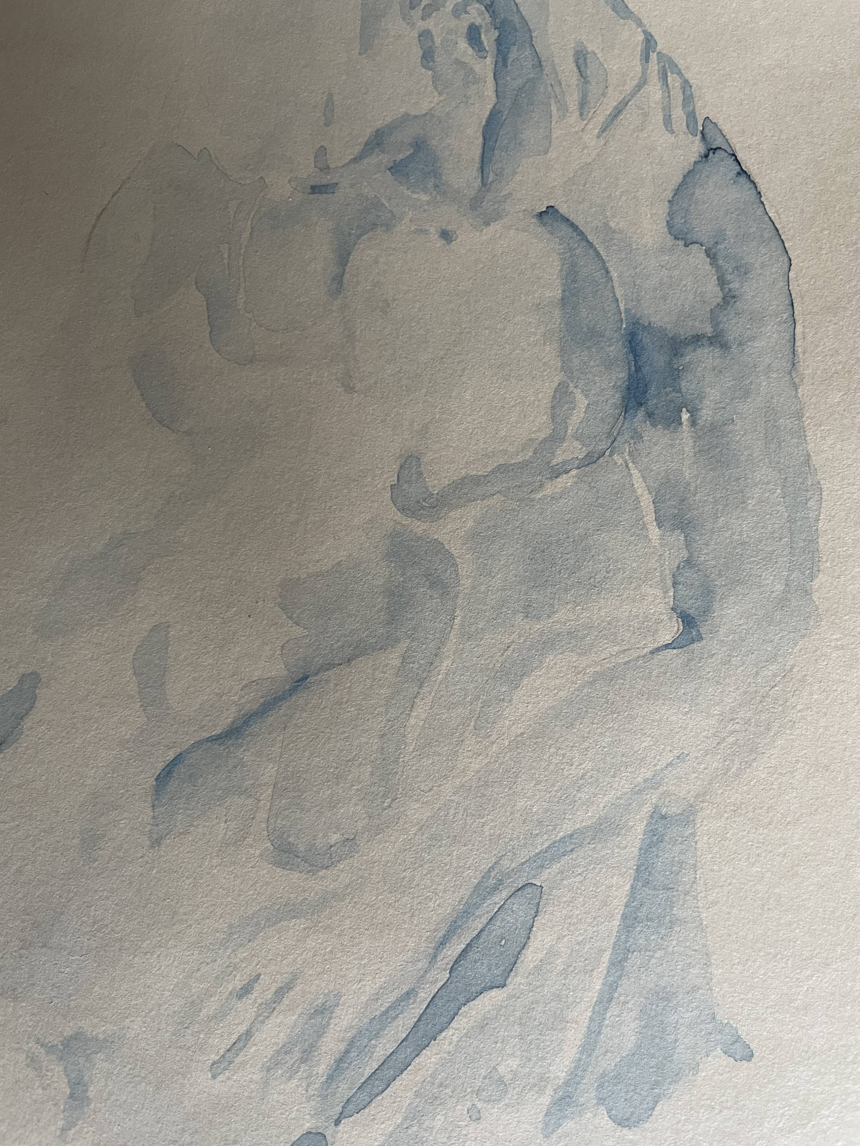 Signed watercolour monochrome blue study of the statue "The Kiss by Rodin"