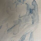Tableau signé aquarelle monochrome bleue étude de la statue  « le baiser de Rodin »