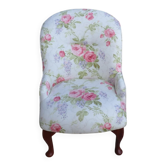 Fauteuil vintage 1950s en tissu floral blanc et rose, pieds en bois acajou