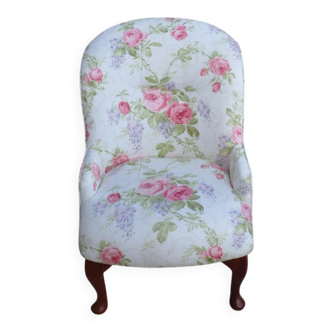 1950s vintage armchair in white and pink floral fabric, mahogany wooden legs.