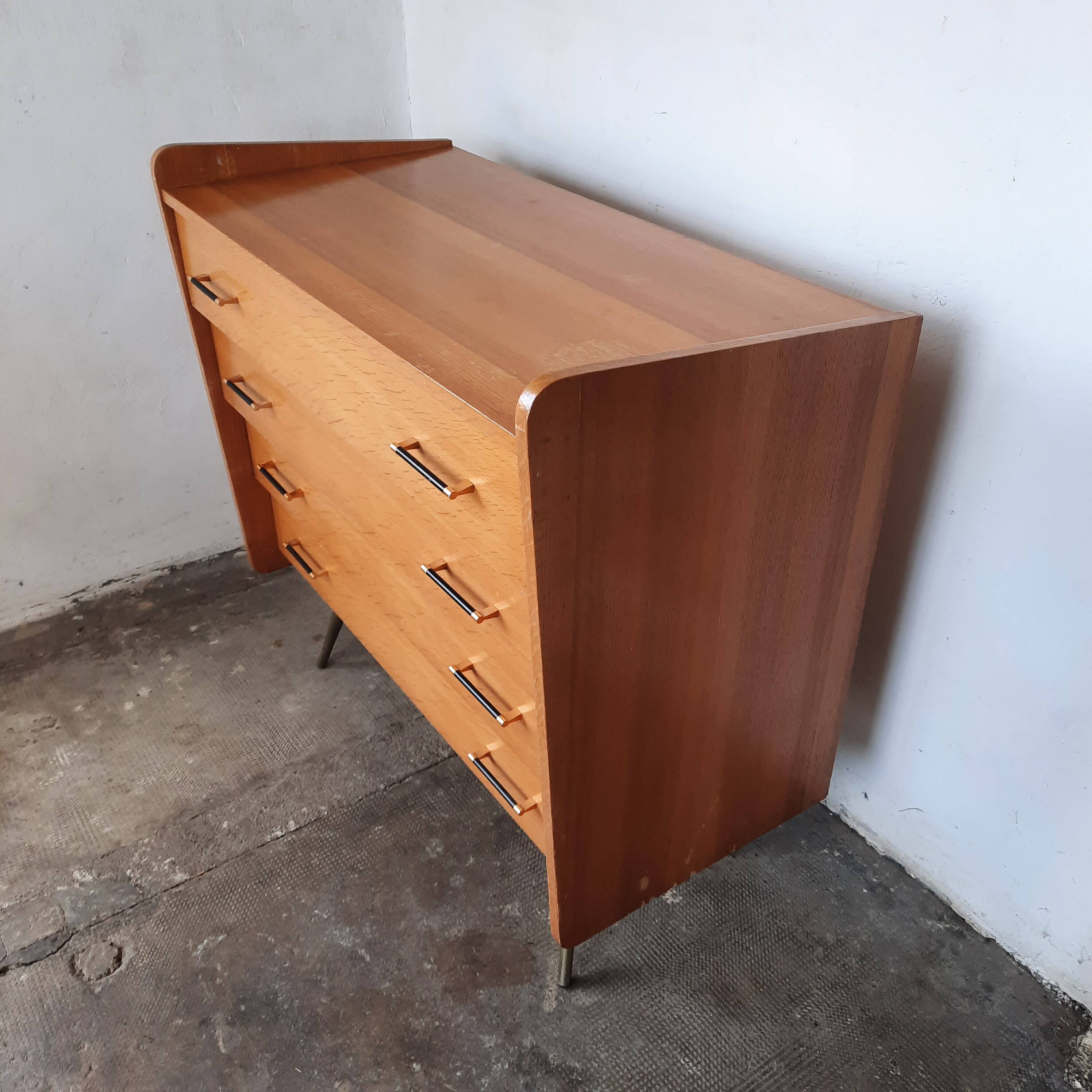 Vintage light oak chest of drawers, brass base