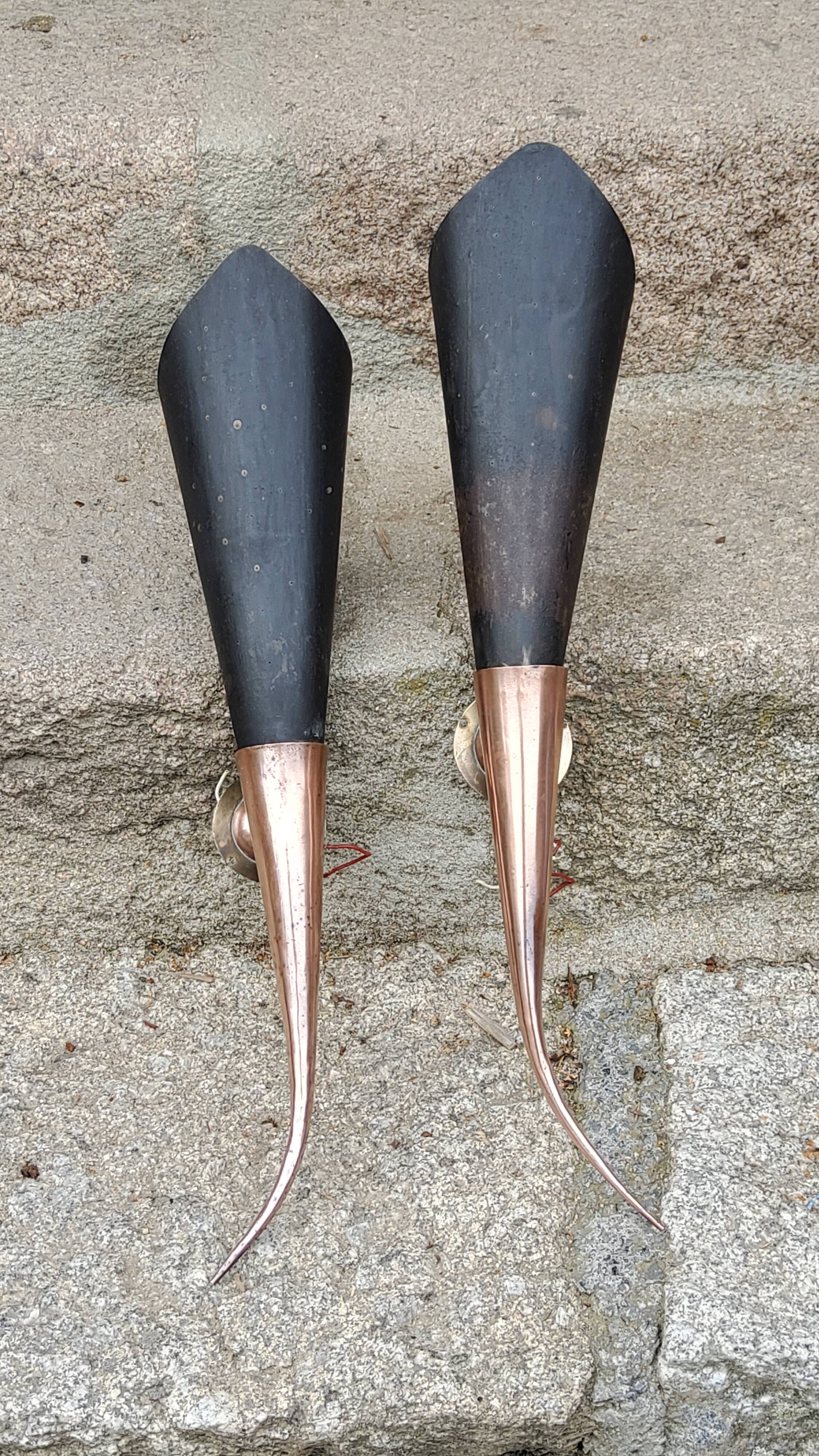 Pair of vintage 50s copper and metal wall lights