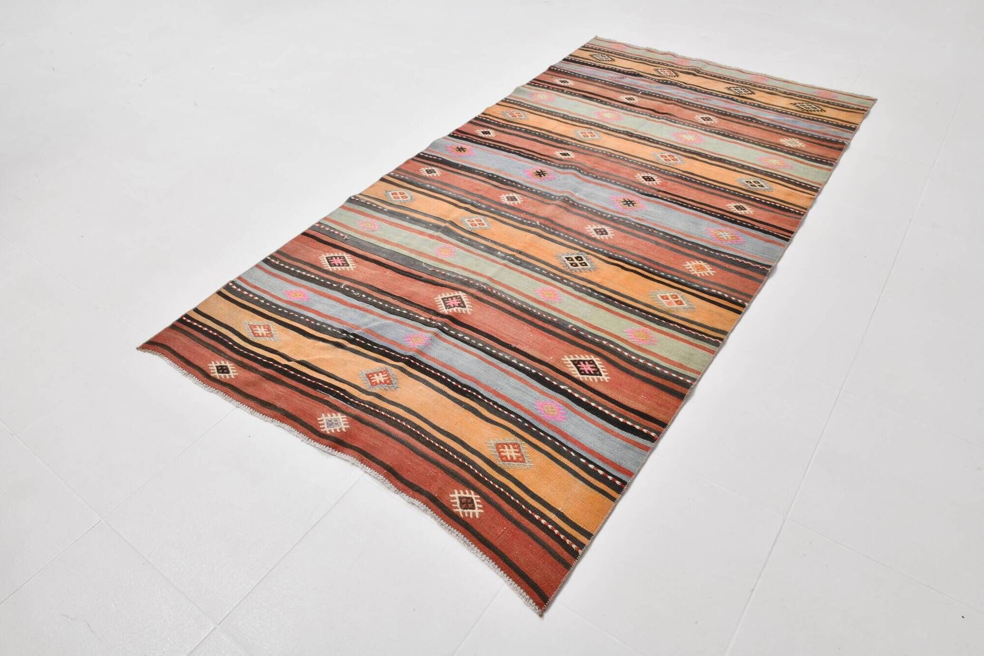 5x8 Kilim Striped Multicolor Kilim Rug,Oushak Handmade Area Rug,134x2145 Cm