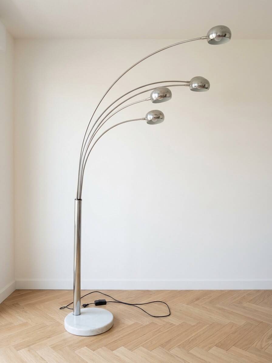 Vintage arc floor lamp with 5 branches from the 70s in silver.