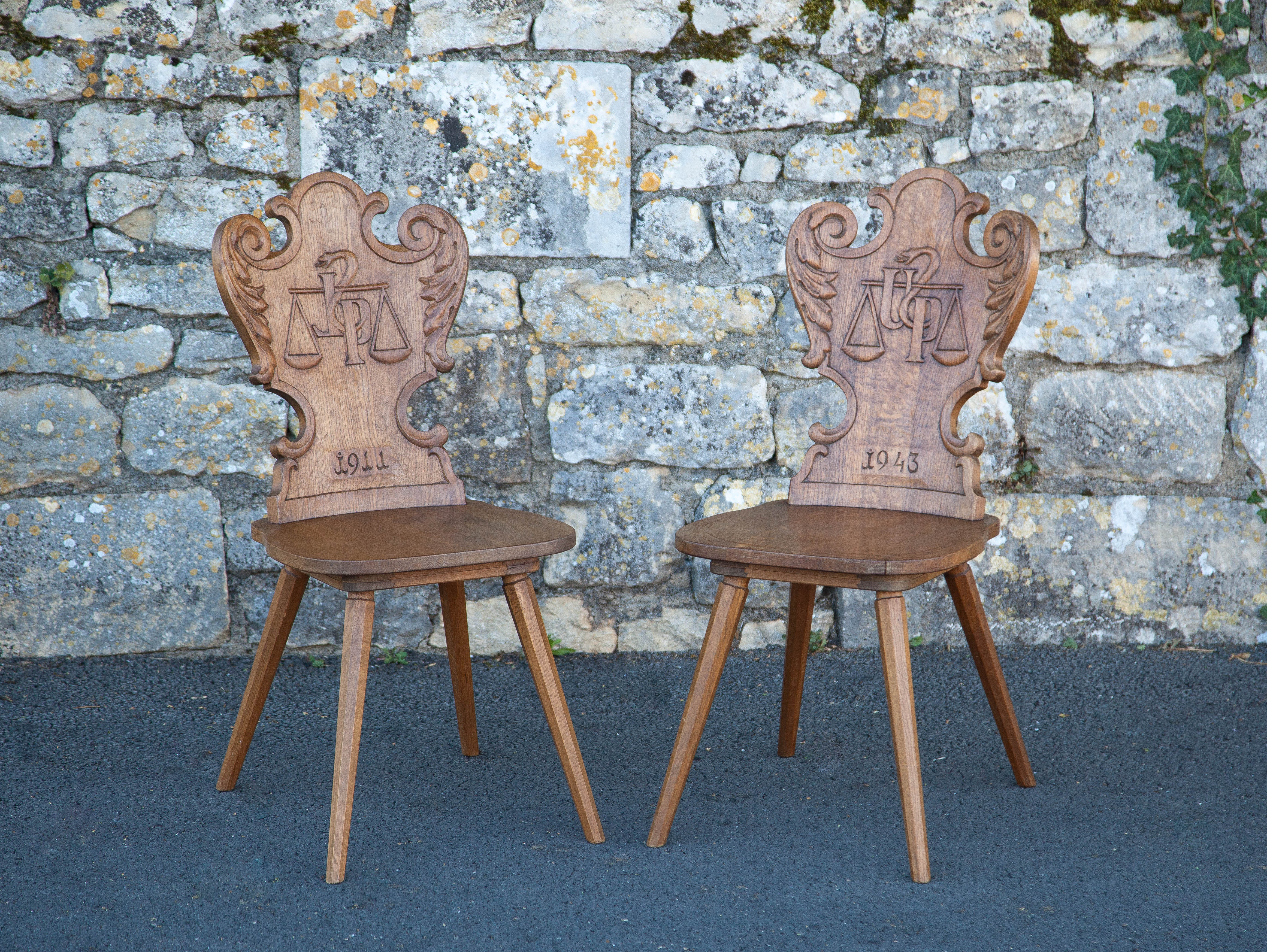 Set of 4 carved wooden stepladder chairs, pharmacy, brutalist, mountain style