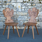 Set of 4 carved wooden stepladder chairs, pharmacy, brutalist, mountain style