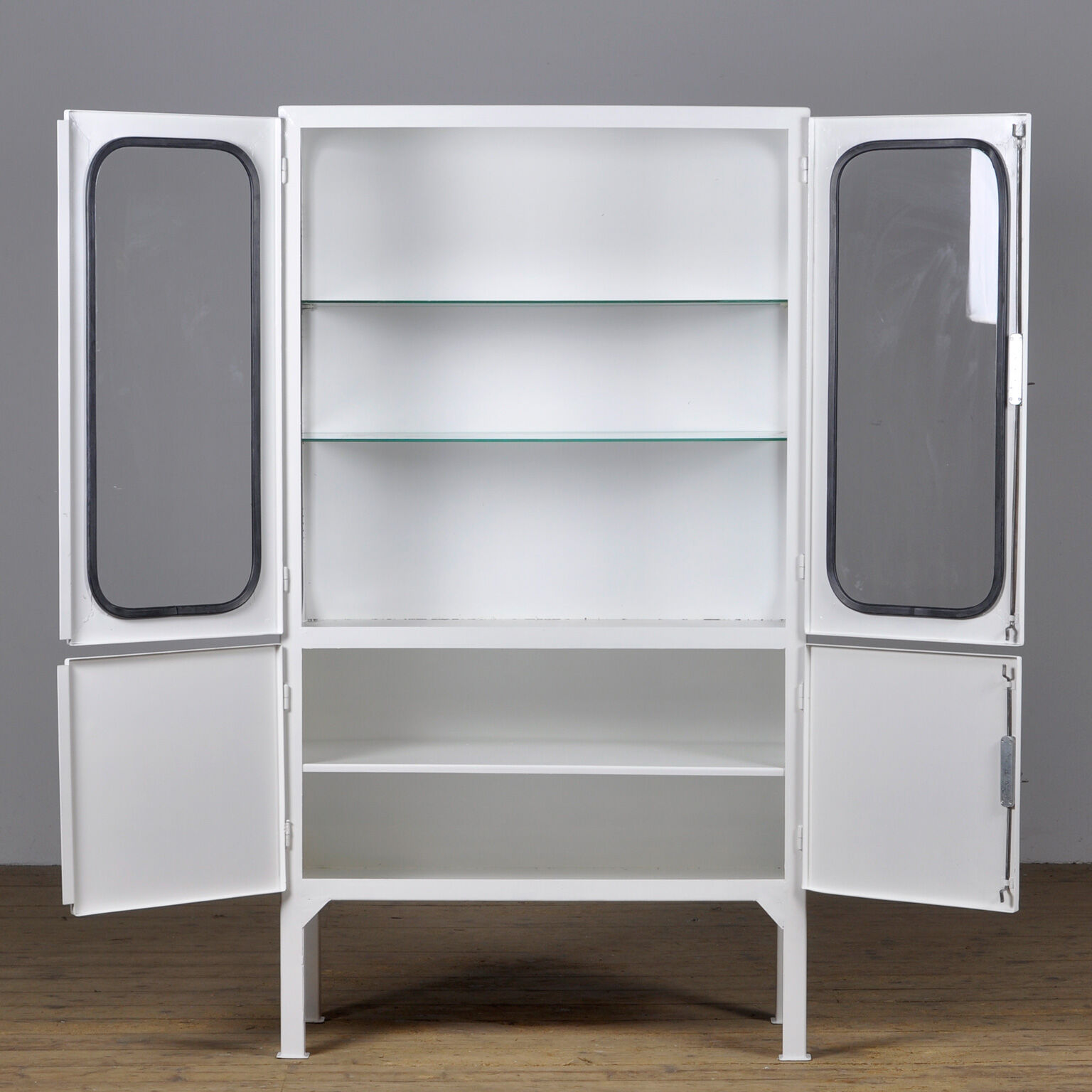 Restored glass & iron medical cabinet, 1970s