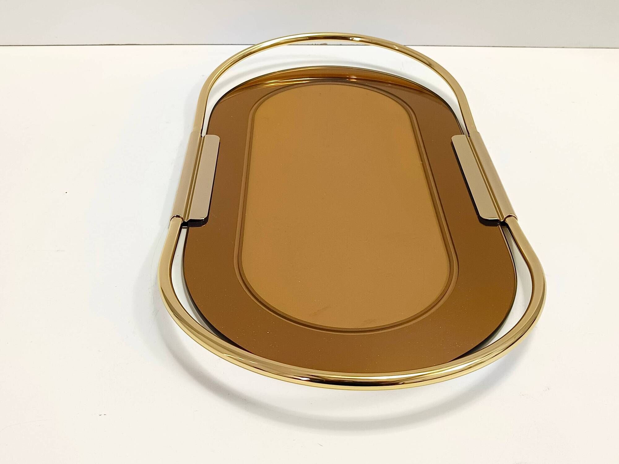 Oval 24k Gold Plated and Bronzed Pink Mirrored Tray by Umberto Mascagni