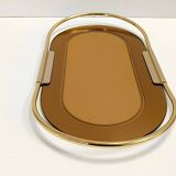 Plateau ovale en plaqué or 24 carats et miroir rose bronzé par Umberto Mascagni