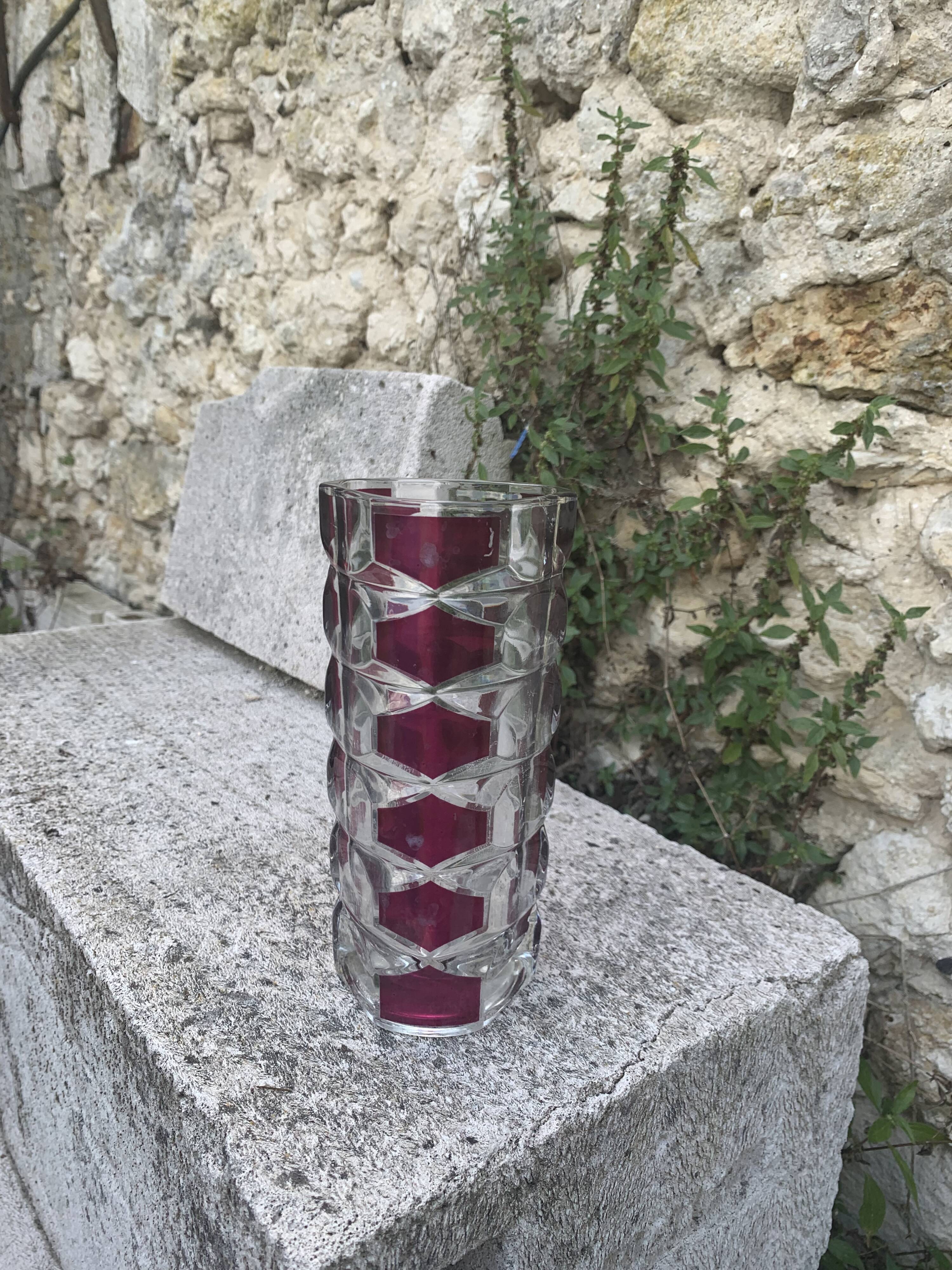 Transparent glass vase and burgundy design and vintage 1970