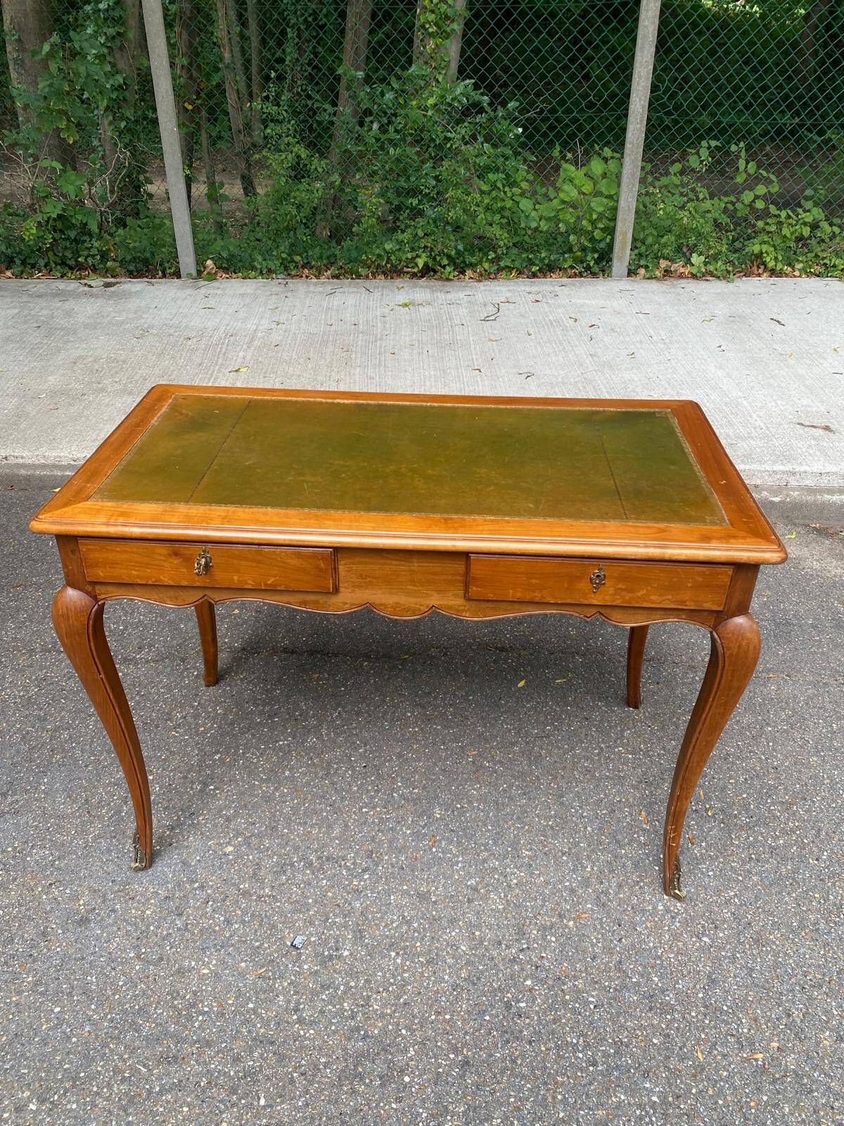 Louis XV style flat desk in solid cherry wood with pull-out extensions and leather top 19