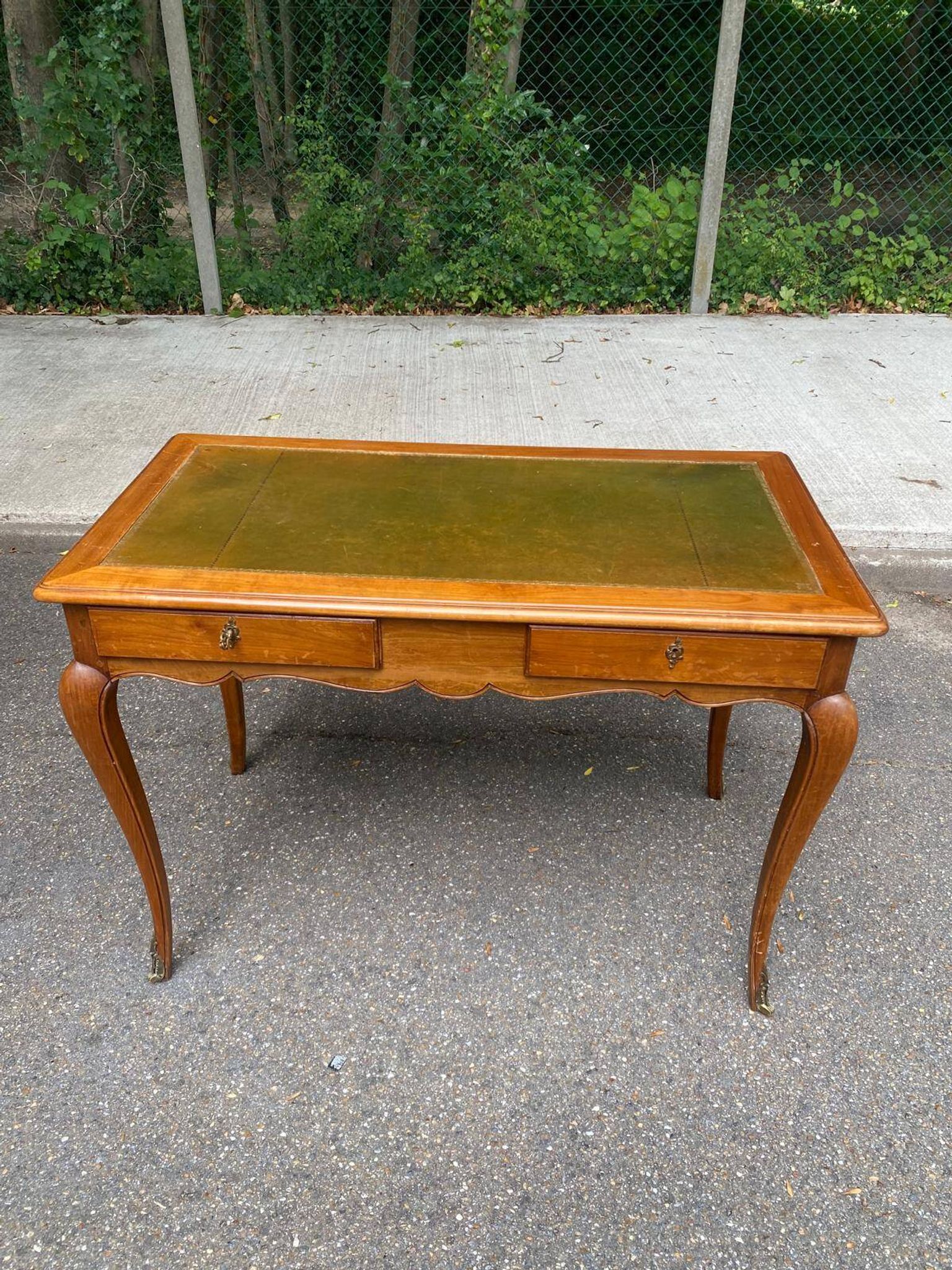 Louis XV style flat desk in solid cherry wood with pull-out extensions and leather top 19
