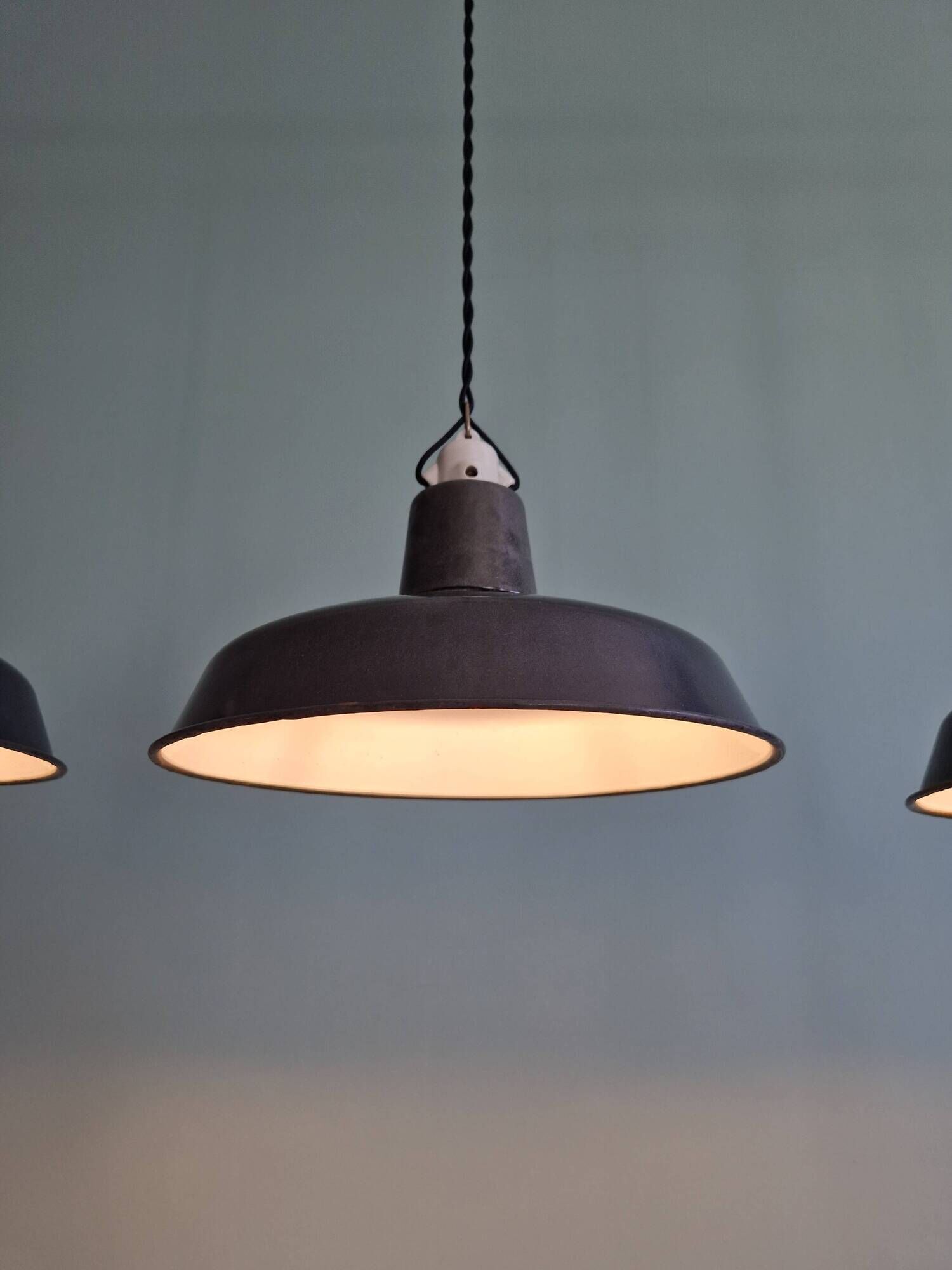 Set of 3 industrial pendant lights in anthracite enameled sheet metal