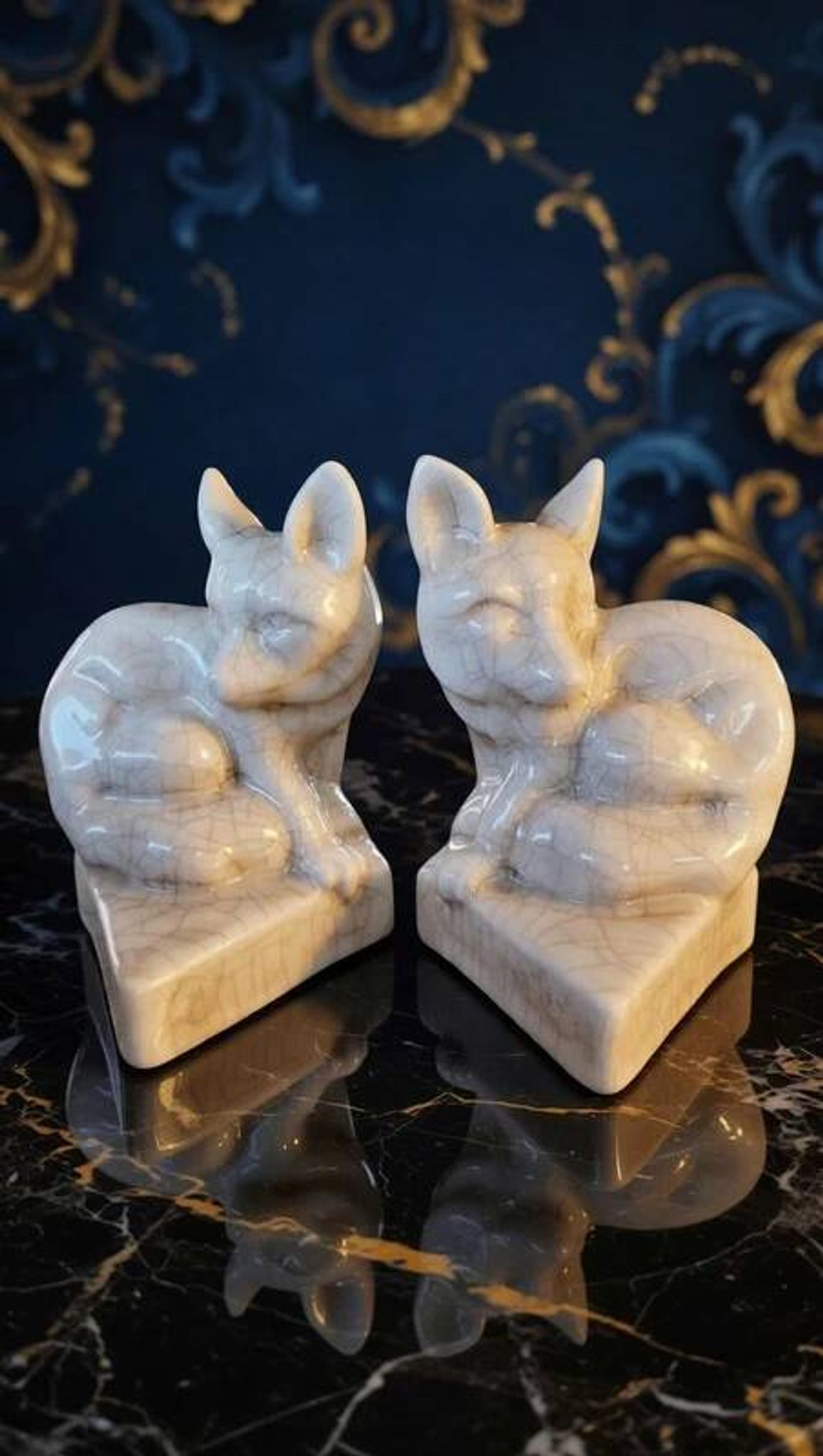 Pair of Fox Bookends - in Crackled Ceramic - Art Deco Style