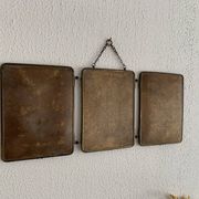 Vintage 1930s barber triptych mirror crystal faux leather gold - 25 x 59 cm