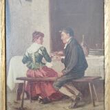 Couple seated at a table in an inn, signed oil on panel, 19th century