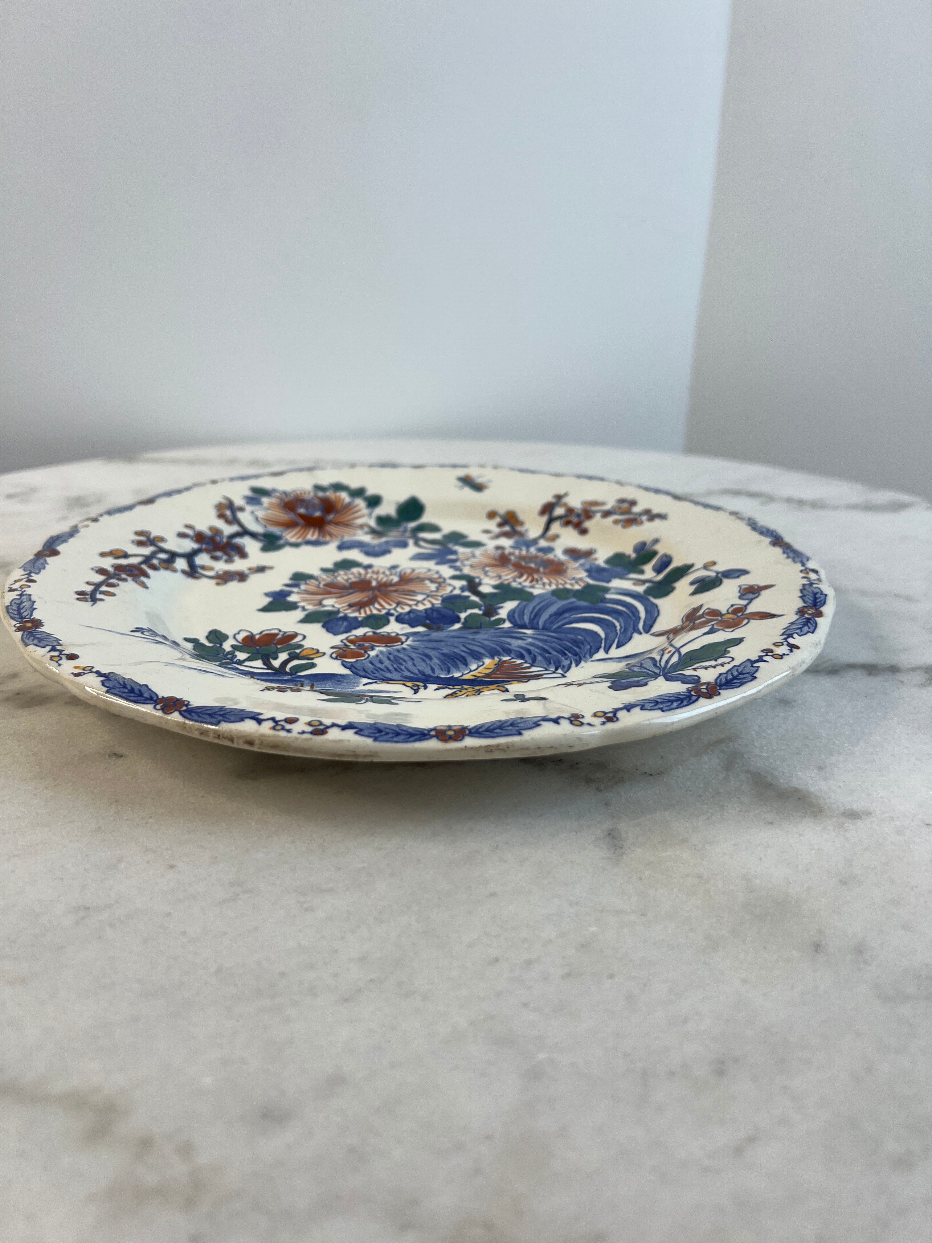 Antique plate in Gien earthenware — model “Rooster with Peonies”