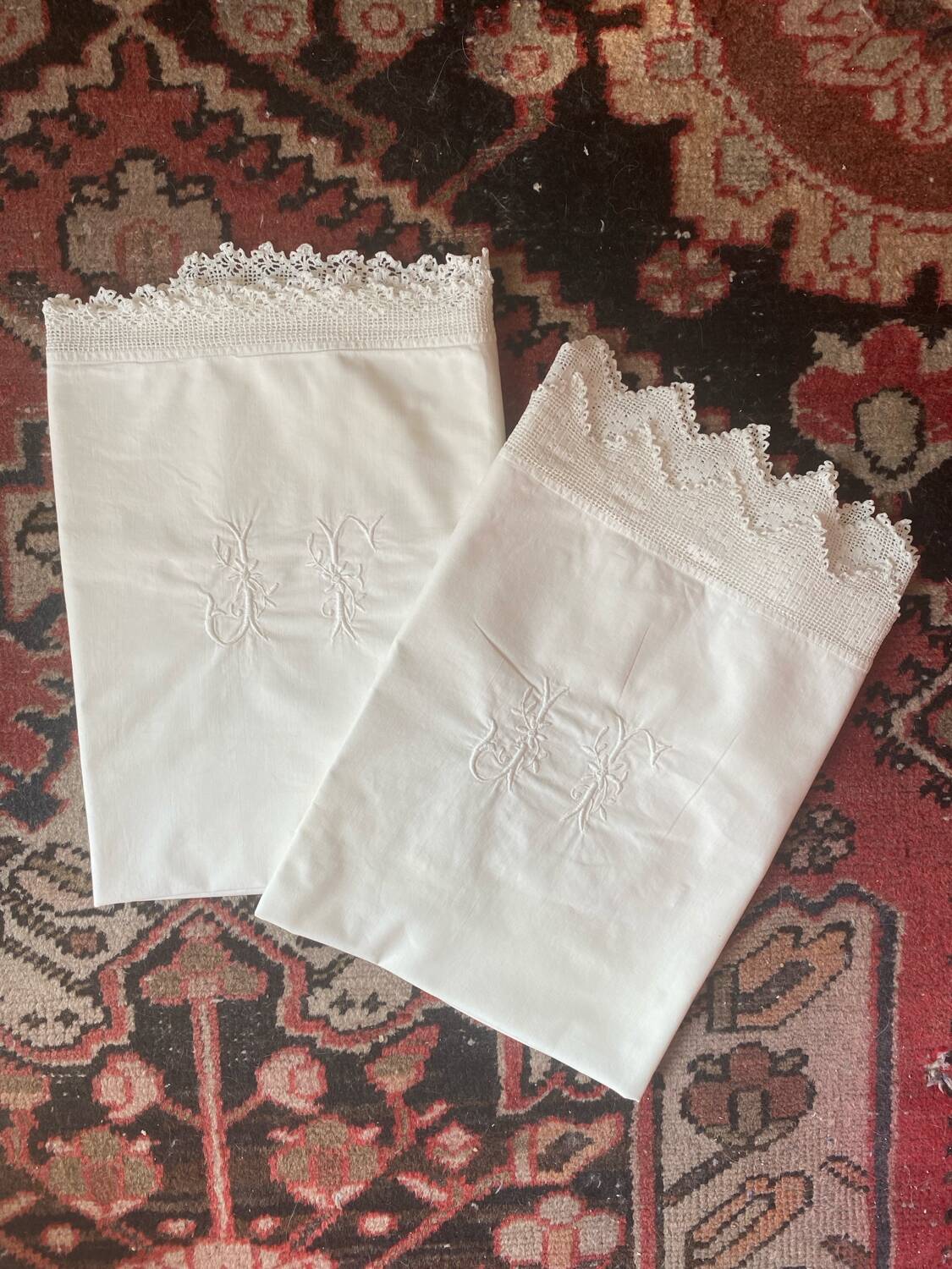 2 monogrammed JF trousseau pillowcases from the 30s.