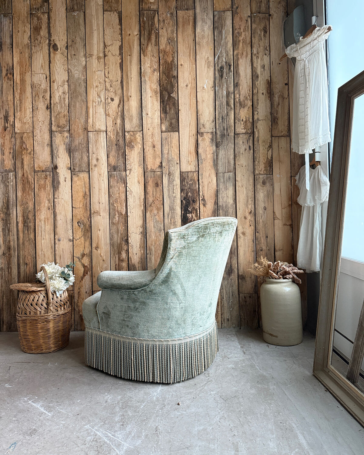 Green velvet tub chair