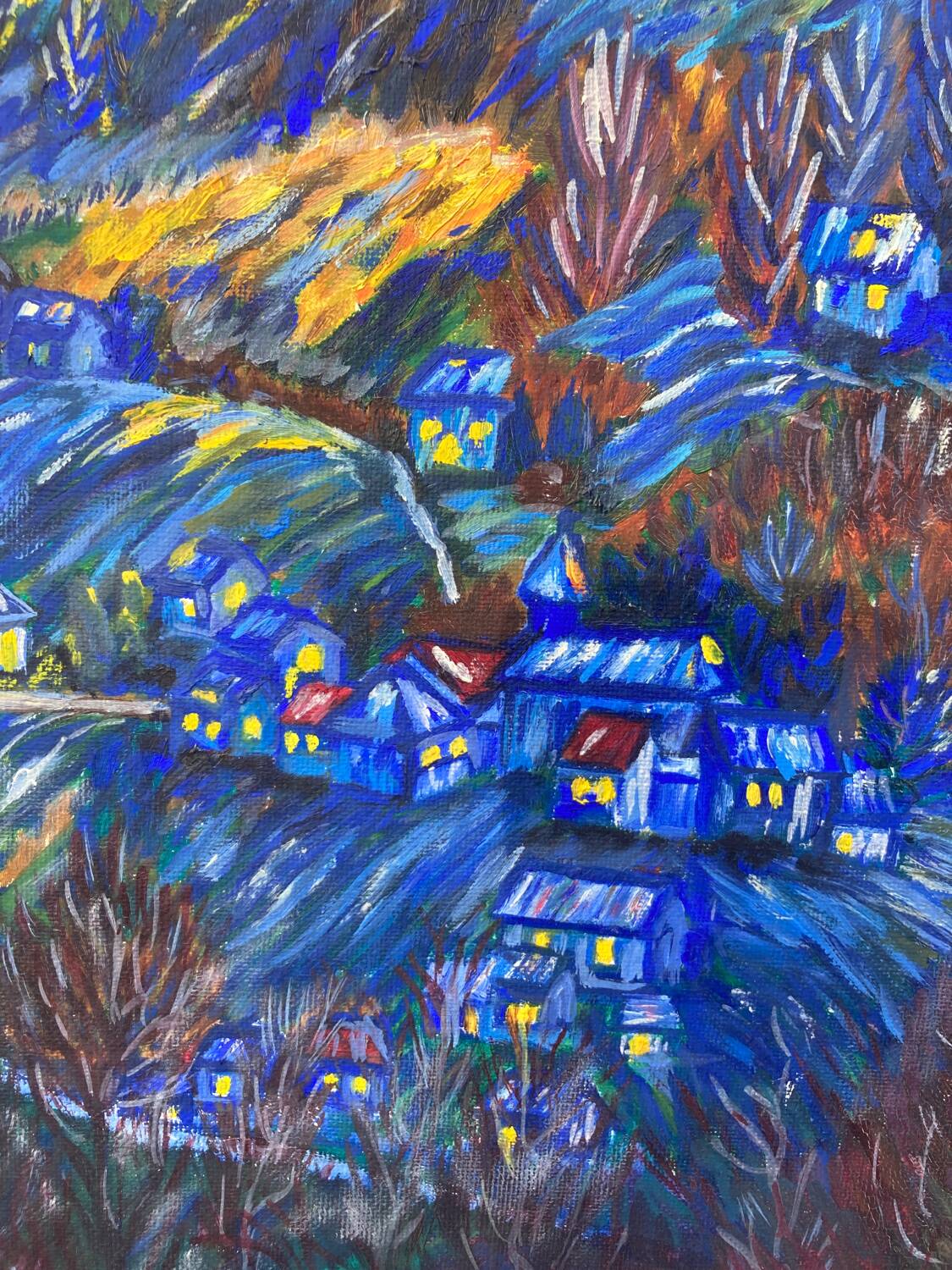 Starry night landscape painting oil on canvas