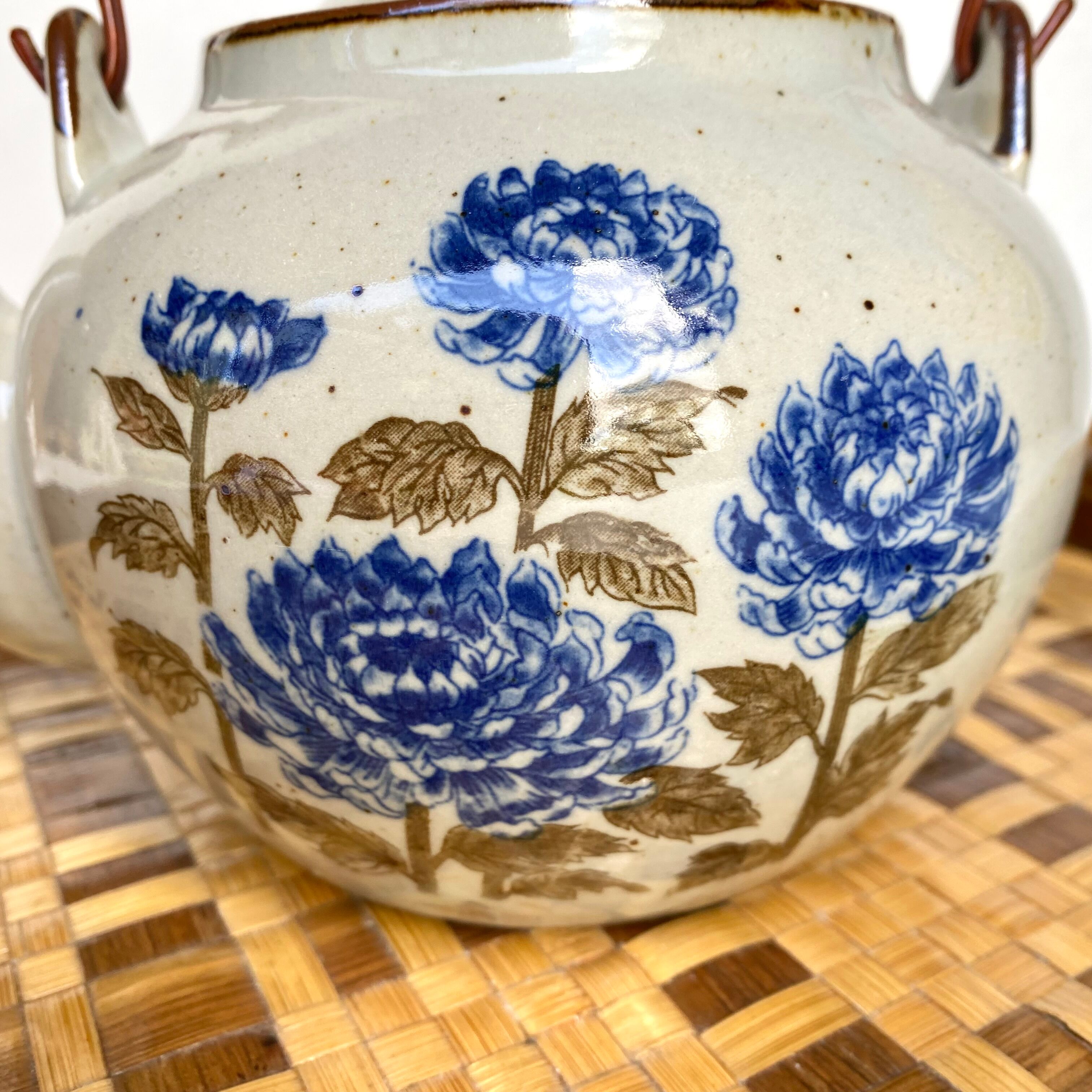 Vintage sandstone teapot wicker handle