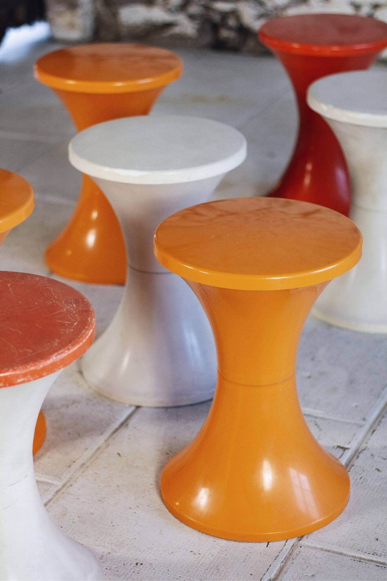 Set of 3 Tam Tam stools in orange by Henri Massonnet for Stamp, 1970.