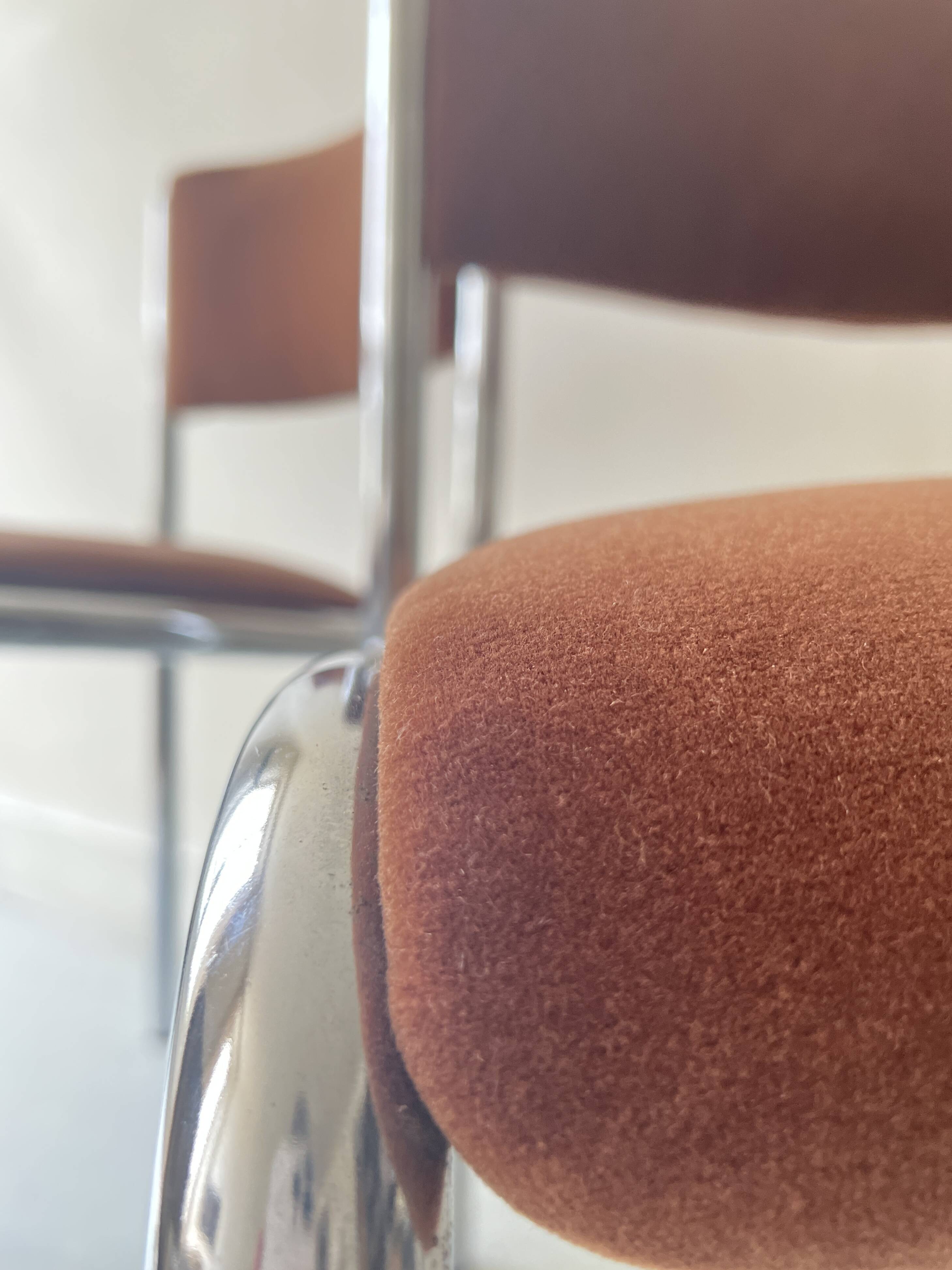 Pair of chrome and chestnut brown velvet chairs, 1970s design