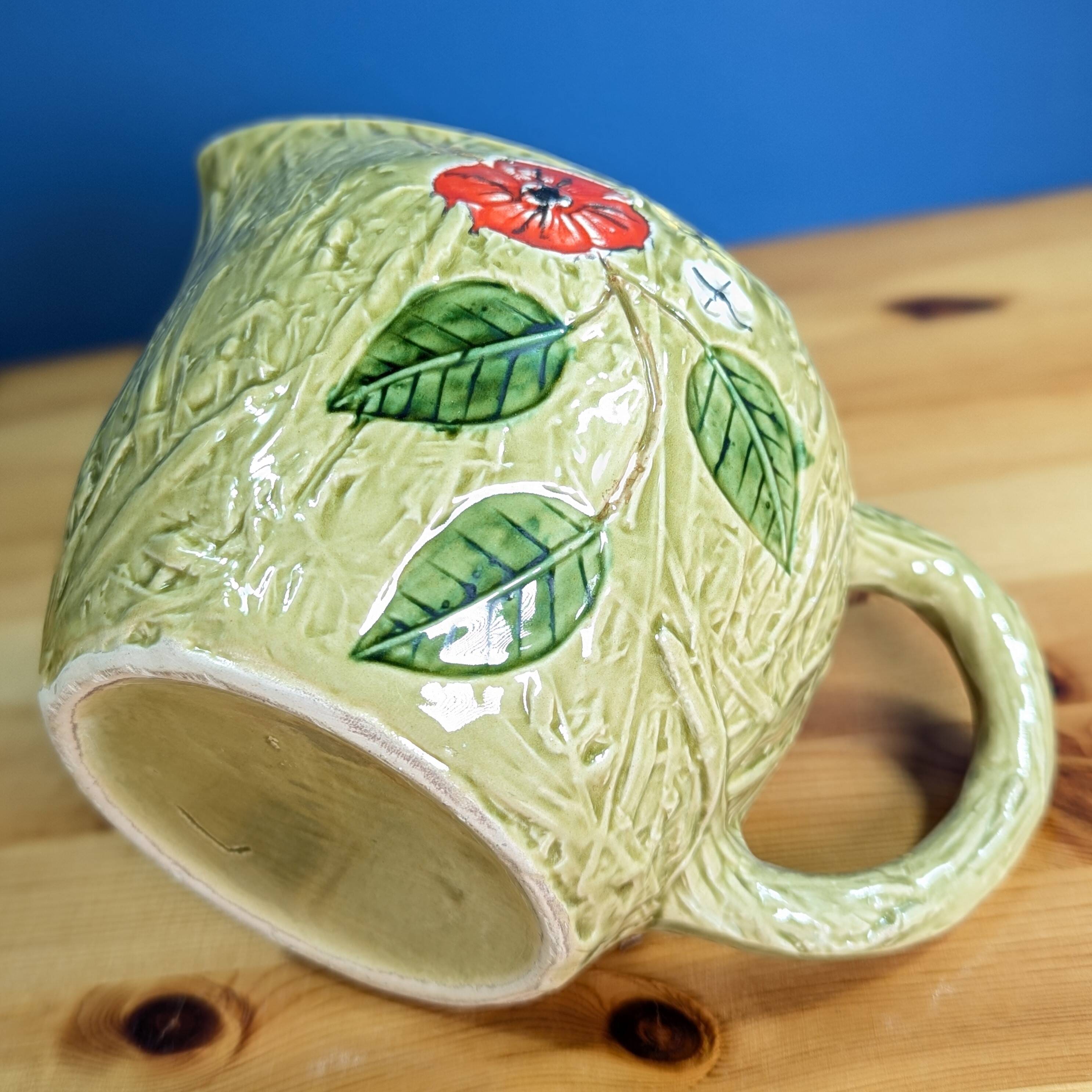 Pitcher Jug Antique Ceramic Barbotine Bresse Style Signed L Green Floral