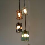 Lustre suspendu en laiton et verre coloré à cinq lampes