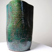 Vintage blue-green handcrafted pottery vase with incised tribal design by Eseka Pottery