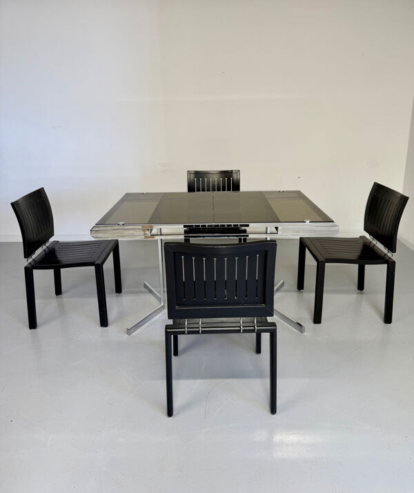 Table à manger en verre fumé et pied chromé par Roche Bobois, années 70