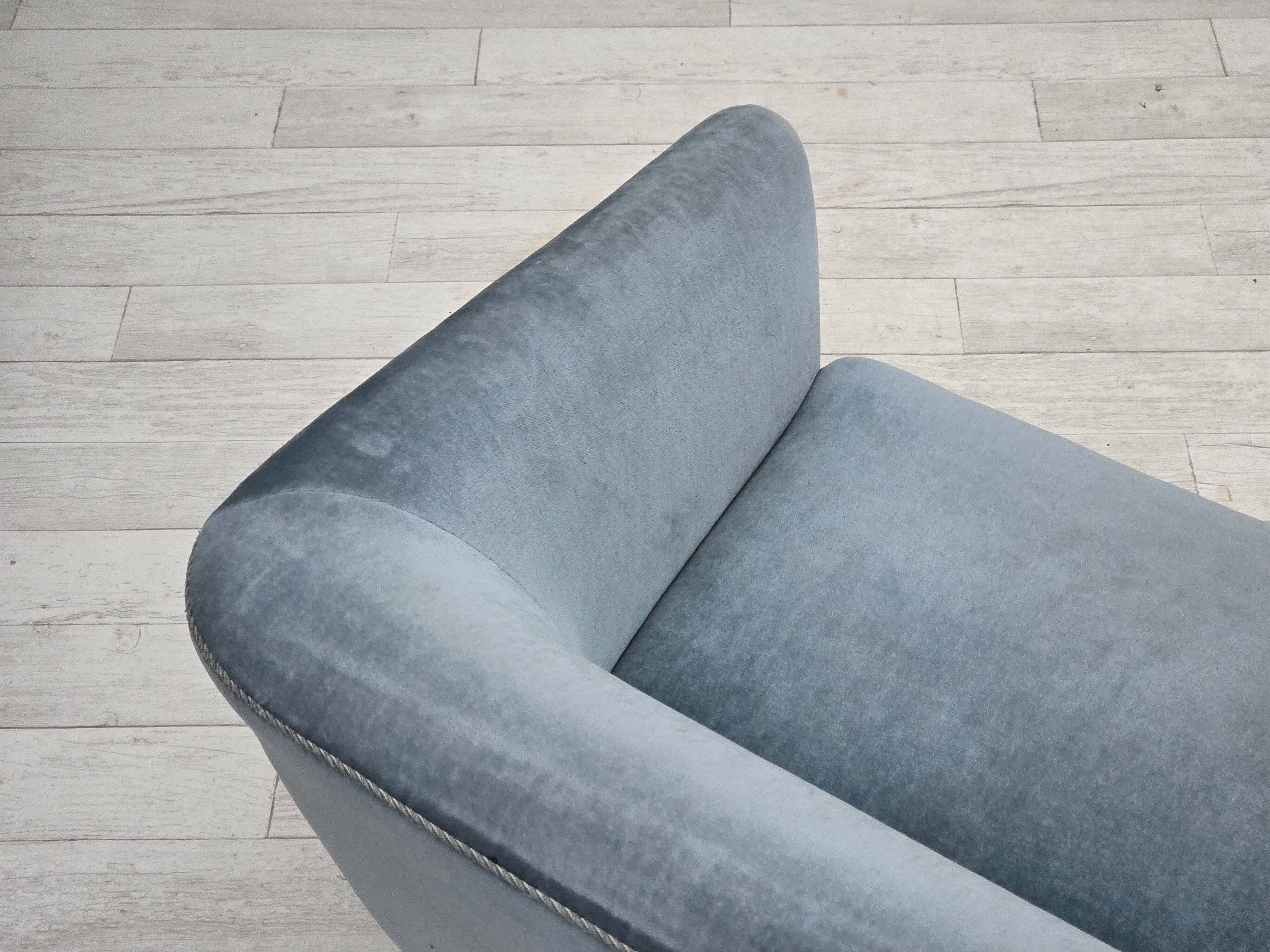 1970s, Danish 2-seater sofa, blue furniture velour, oak wood legs.