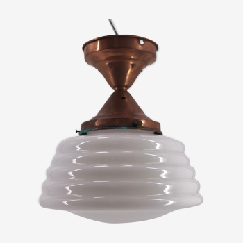 Ceiling lamp with opaline and art deco red copper mount
